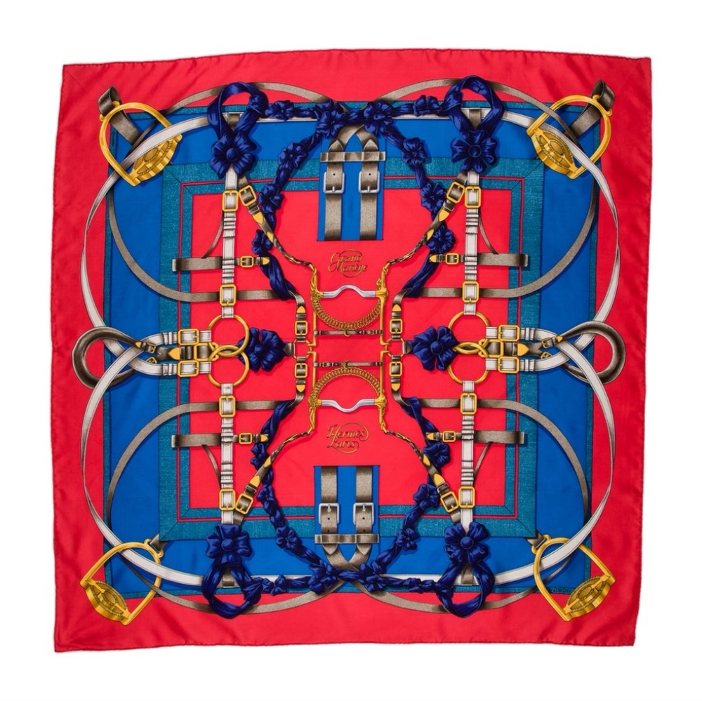 Hermes Red & Blue Silk Scarf with Gold Accents - Picture 6 of 6